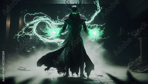Fotografia Futuristic Nercomancer sorcerer with green magic in hands