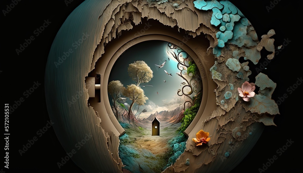Abstract keyhole into another world. Doorway to enchanted fantasy landscape. Detailed artwork with beautiful land beyond.
