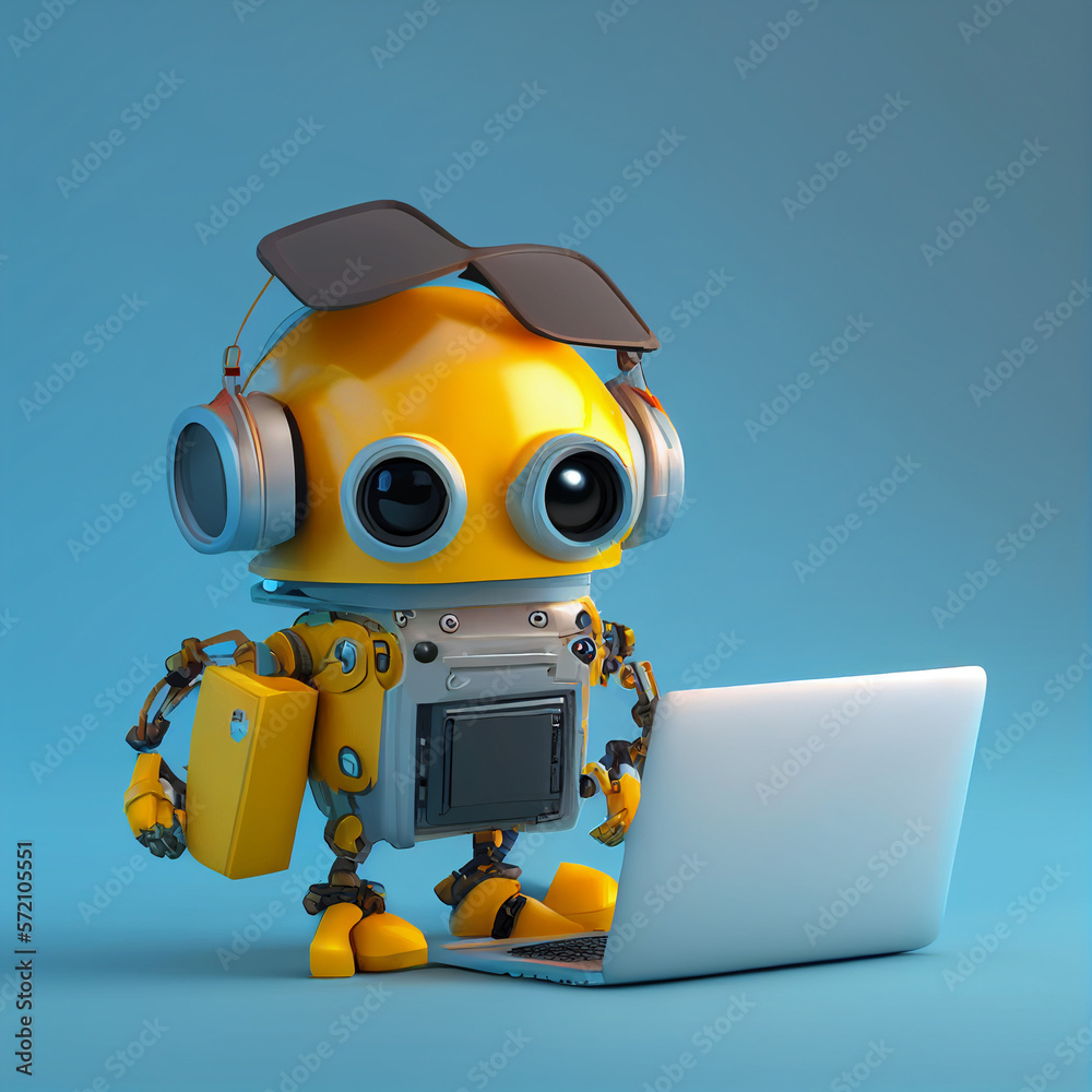 3D robot engineer with laptop computer, on blue background, image ai