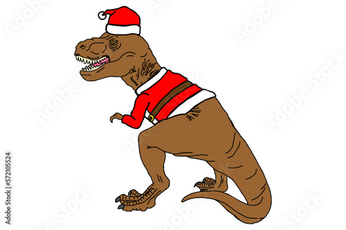 Angry Tyrannosaurus rex wearing a Santa Claus Christmas costume
