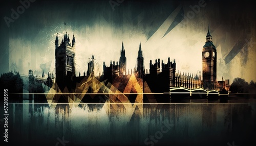 Abstract London England city landscape. Big Ben, London Eye, bridge and Thames. UK colorful illustration concept art.  photo