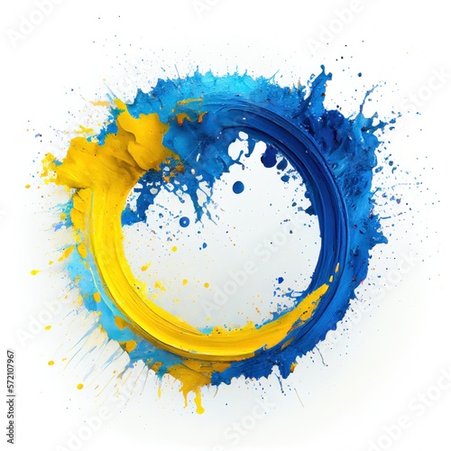 A circle frame with blue and yellow paint splashes on white background. Liquid paint pouring texture. Ai generated abstract illustration with a circle frame covered with colorful drops. photo