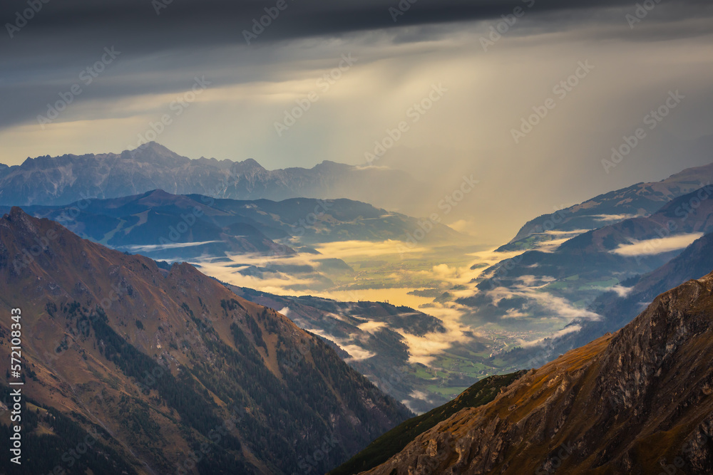 Hohe Tauern mountains and lake from above Grossglockner road at dawn, Austria
