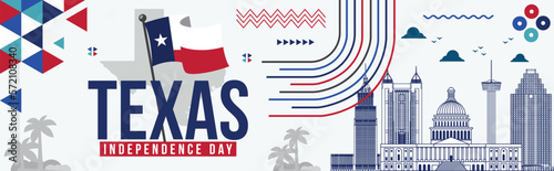 Texas Independence Day banner with famous Buildings, Texas Waving flag theme Geometric Abstract design Map with Landmarks, Independence Day Vector Illustration