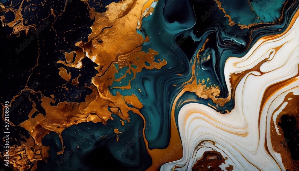 Obraz premium Background mixed liquid paint blue and white, gold colors. Luxury marble texture. Marble wallpaper oil slick watercolor. liquid oil background. generative ai