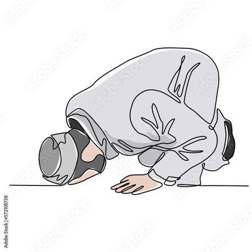 A moslem man is praying the mosque during ramadhan time in continuous line art drawing style. design with Minimalist black linear design isolated on white background. Vector illustration