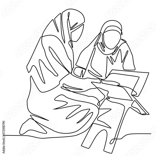 moslem Woman read Quran in the mosque during ramadhan time in continuous line art drawing style. design with Minimalist black linear design isolated on white background. Vector illustration