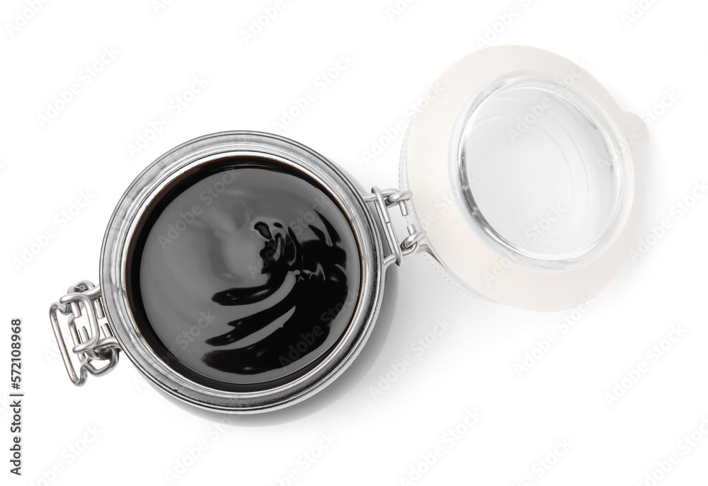 Glass jar with balsamic glaze isolated on white, top view Glass jar with balsamic glaze isolated on white, top view