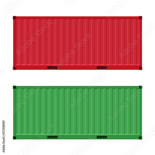 Red and blue containers for cargo transportation on a white background. Shipping container. Freight shipping container hanging on crane hook. Metal container. 