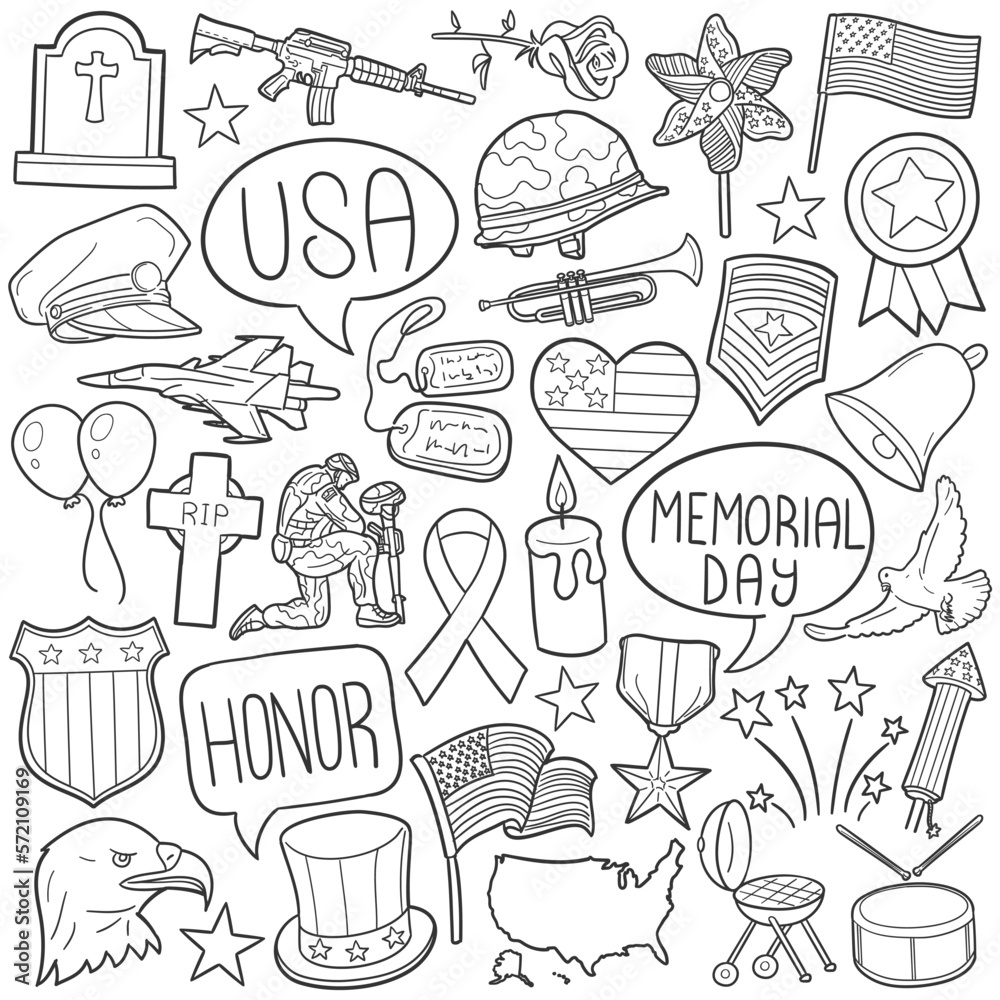 Memorial Day Doodle Icons. Hand Made Line Art. United State Holidays Clipart Logotype Symbol Design.