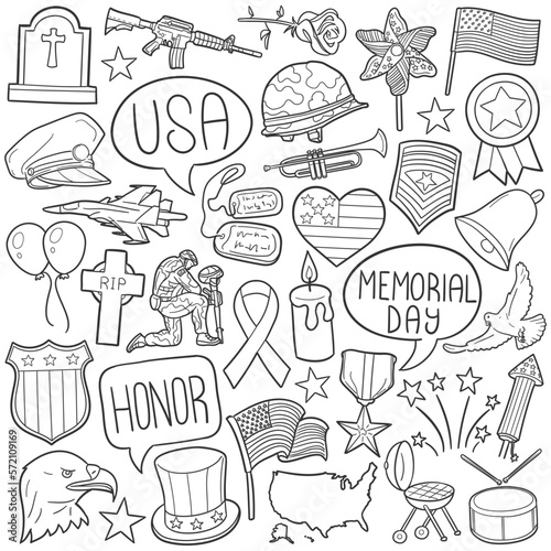 Memorial Day Doodle Icons. Hand Made Line Art. United State Holidays Clipart Logotype Symbol Design.