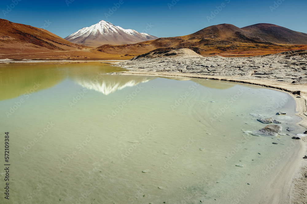 Salt lake in Piedras Rojas, volcanic landscape at sunrise, Atacama, Chile