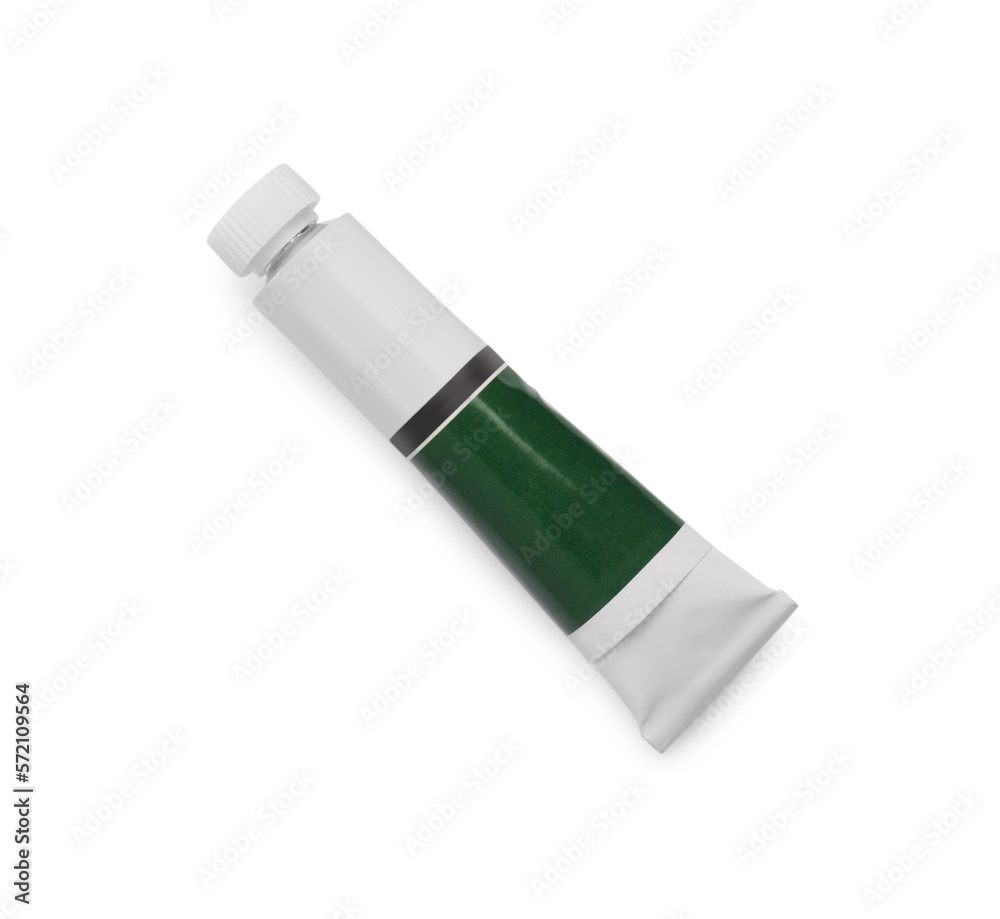 Tube with dark green oil paint on white background, top view Tube with dark green oil paint on white background, top view