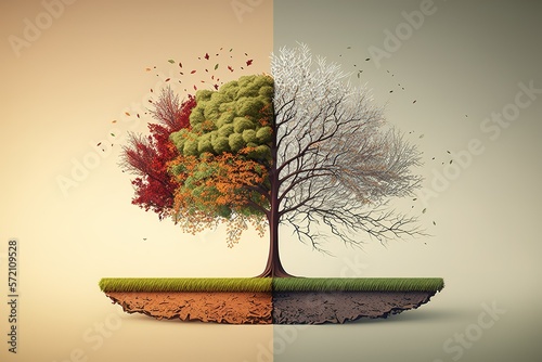 Tree representing season change winter to spring. Banner illustration with copy space. Generative AI