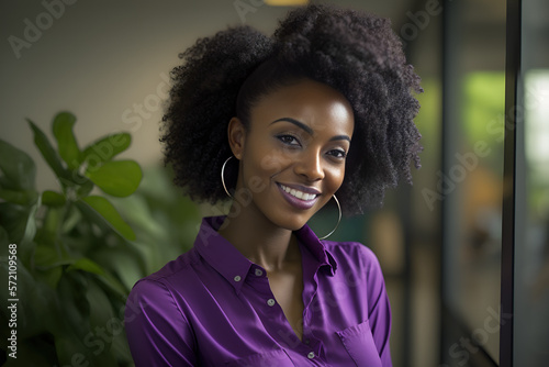 Beautiful African American woman wearing purple blouse smiling and looking at camera. Generative AI illustration © Pajaros Volando