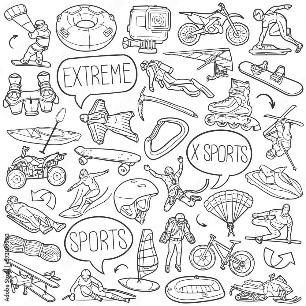 Extreme Sports Doodle Icons. Hand Made Line Art. Activity Clipart Logotype Symbol Design. Extreme Sports Doodle Icons. Hand Made Line Art. Activity Clipart Logotype Symbol Design.