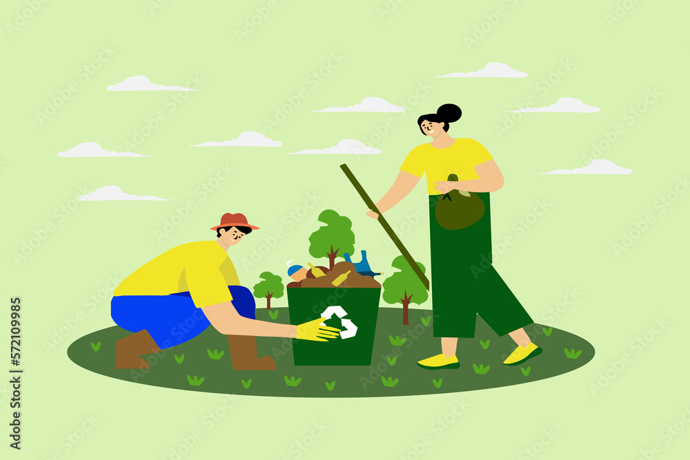 Fototapeta premium Day illustration of the flattened world environment. natural green couple 