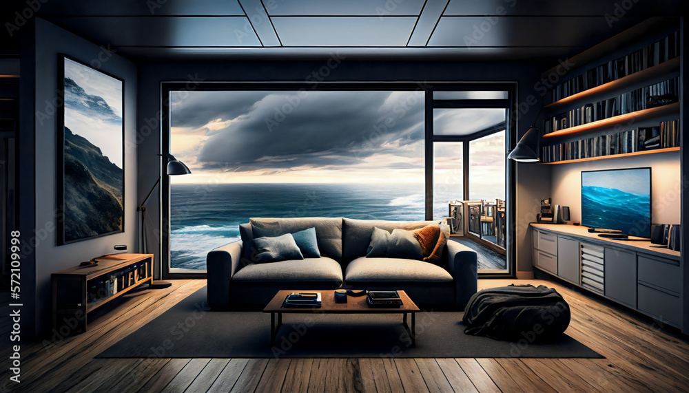 Fototapeta premium oceanview living room with sofa, chair, light,