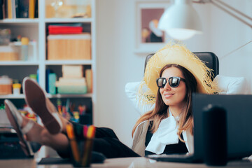 Office Worker Ready to Go on Vacation for a Break. Funny manager slaking and procrastinating at work

