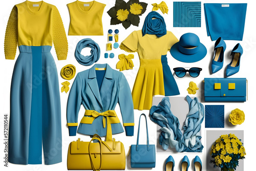 Fashion women's clothes isolated set. Blue-yellow apparel collage. Girls' beautiful clothing.Lady's collection of textiles.