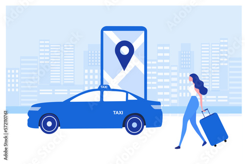 Young woman ordering online taxi car, rent and sharing using service mobile application location map. Online taxi service and transportation technology. 