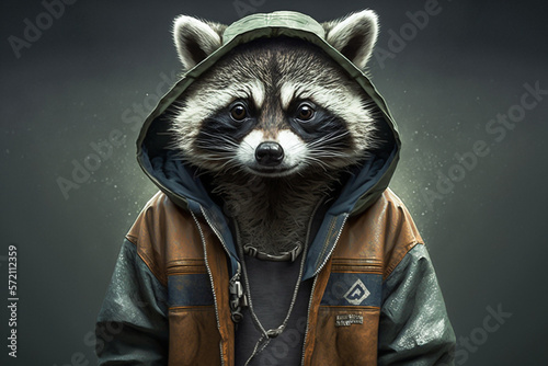 Portrait of raccoon wearing street hiphop fashion. Animal wears Hip hop street fashion and 1980s hip hop golden age concept. Made with Generative AI