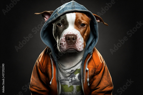 Portrait of dog wearing in streetwear. Animal wears Hip hop street fashion concept. Made with Generative AI photo