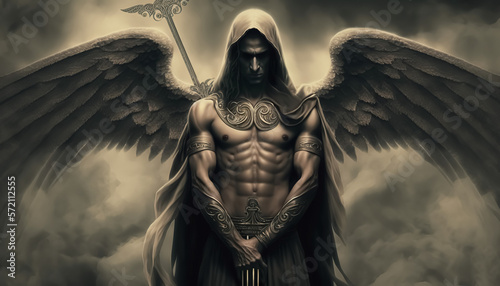 Dark warrior angel with medieval sword before the fight. fantasy background. digital ai art
