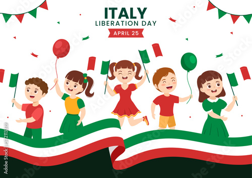 Italy Liberation Day Illustration with Kids, Holiday Celebrate on April 25 and Wave Flag Italian in Flat Cartoon Hand Drawn for Landing Page Templates