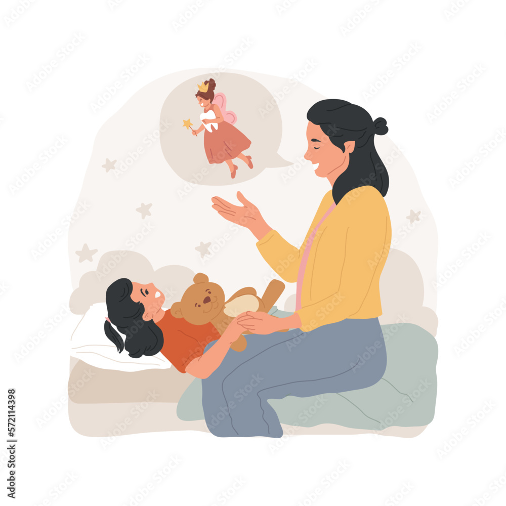 Tooth fairy isolated cartoon vector illustration. Tooth fairy visits a child during sleep, family tradition, nighttime, telling legend to children, loosing baby teeth, childhood vector cartoon. Tooth fairy isolated cartoon vector illustration. Tooth fairy visits a child during sleep, family tradition, nighttime, telling legend to children, loosing baby teeth, childhood vector cartoon.