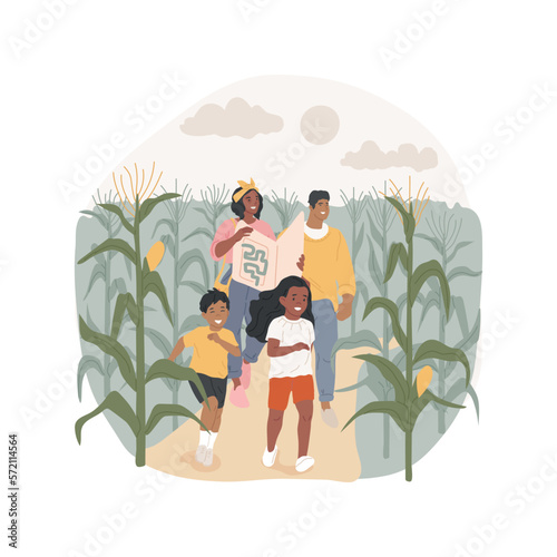 Corn maze isolated cartoon vector illustration. Family leisure time, labyrinth in a field, walking together in a corn maze, outdoor activity for children, one day farm trip vector cartoon.