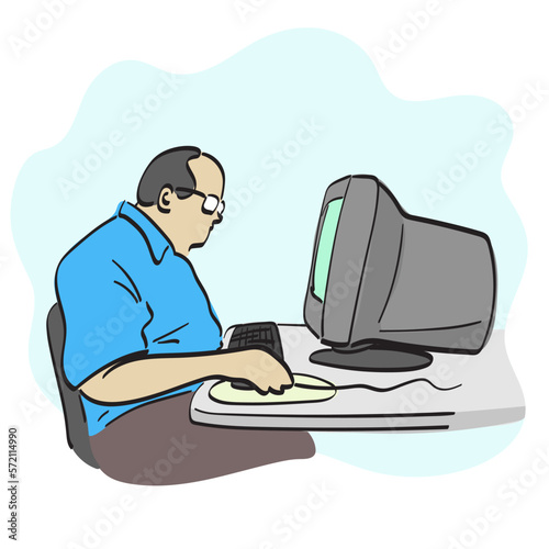 line art fat businessman working on old computer illustration vector hand drawn isolated on white background