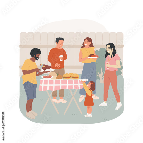 Neighbors meeting isolated cartoon vector illustration. Diverse people around the table outdoors, holding plates in hands, friendly meeting, local food fest, neighbor gathering vector cartoon.