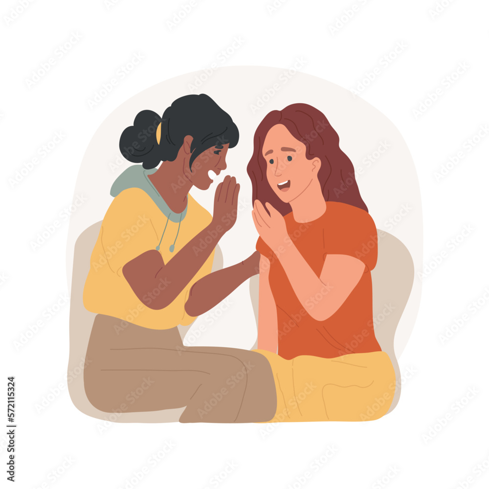 Gossiping isolated cartoon vector illustration. Person whispering in the ear of woman, surprised facial expression, social life, spreading rumors, people gossip about collegue vector cartoon.