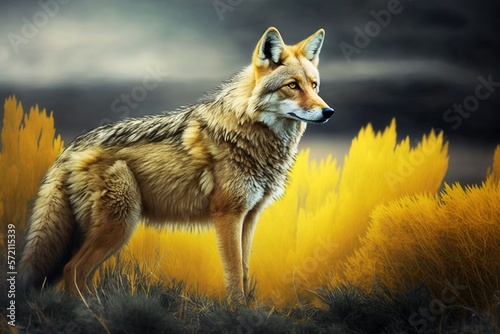 a wolf standing in a yellow field of tall grass