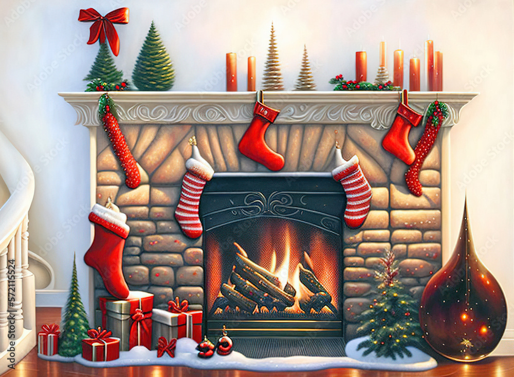 Red Christmas stockings hanging over a roaring fireplace. Presents and ...