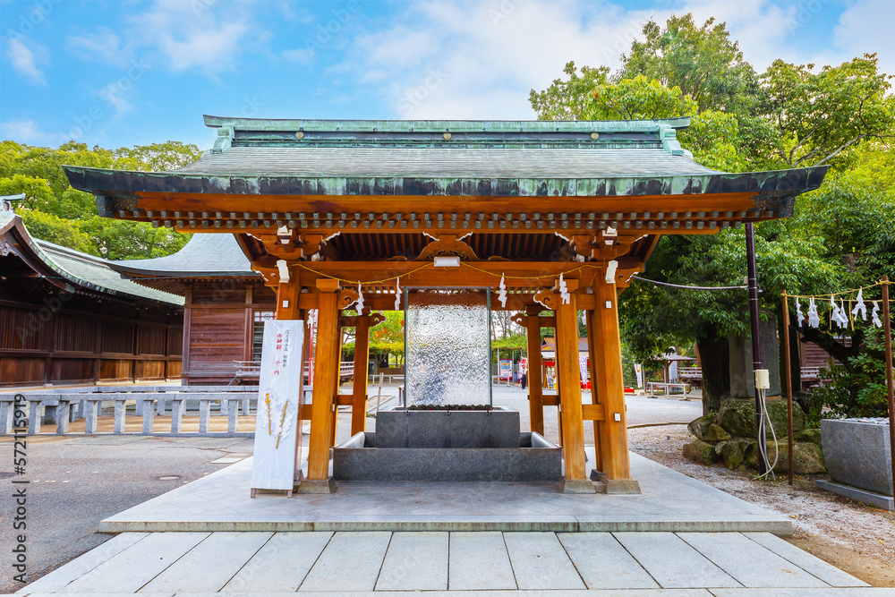 Fukuoka, Japan - Nov 21 2022: Miyajidake Shrine is primarily dedicated to Empress Jingu, home to five-ton sacred straw rope and attracts over 2 million worshippers a year Fukuoka, Japan - Nov 21 2022: Miyajidake Shrine is primarily dedicated to Empress Jingu, home to five-ton sacred straw rope and attracts over 2 million worshippers a year