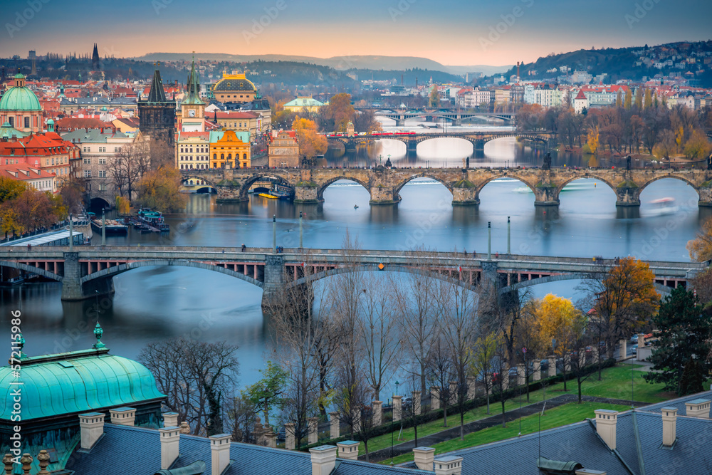 Panoramic view over the cityscape of Prague at dramatic dusk, Czech Republic