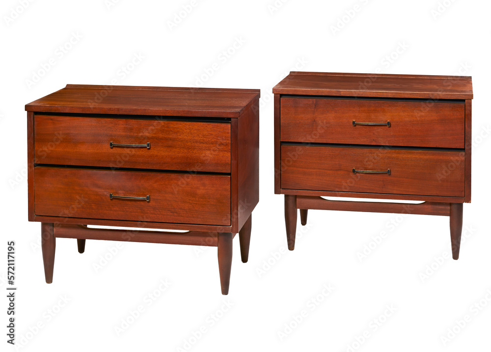 Red mid-century modern wood nightstands silhouette. Atomic retro bedroom furniture.  No background PNG