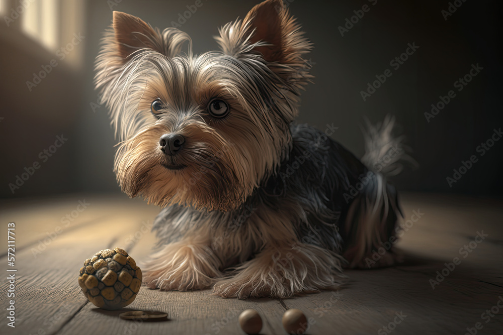 Cute and happy Yorkshire Terrier, yorkie, with a ball indoors Cute and happy Yorkshire Terrier, yorkie, with a ball indoors