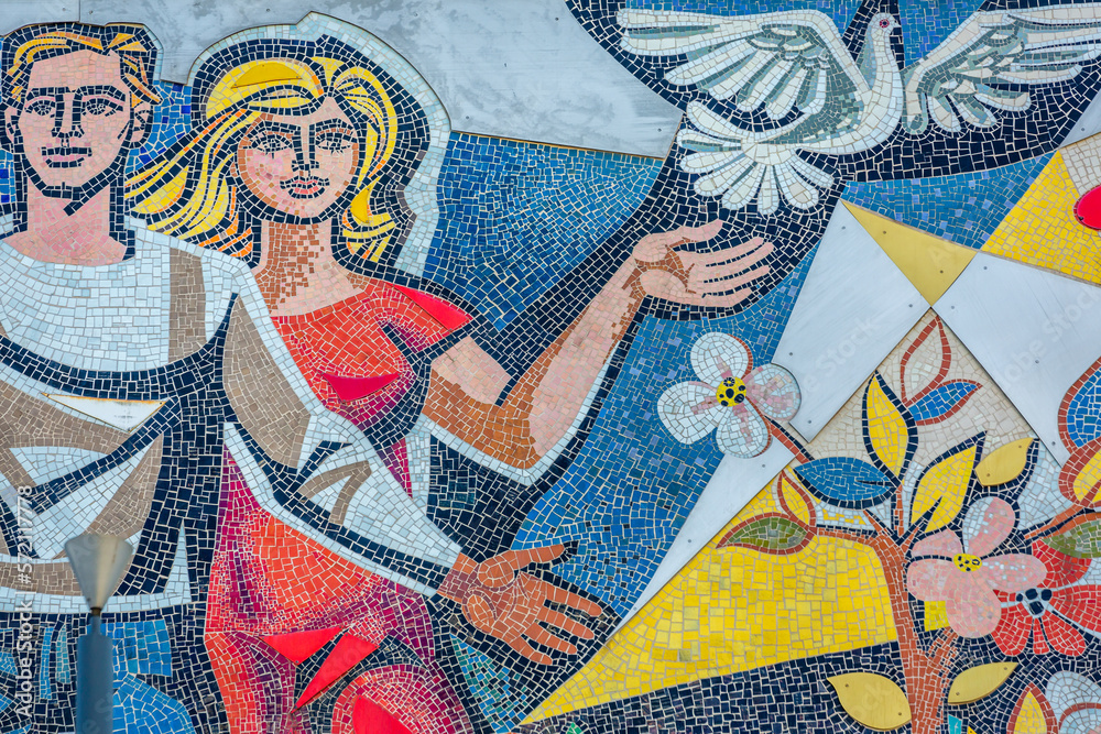 Soviet mural on DDR The Teacher House in Alexanderplatz , Berlin, Germany
