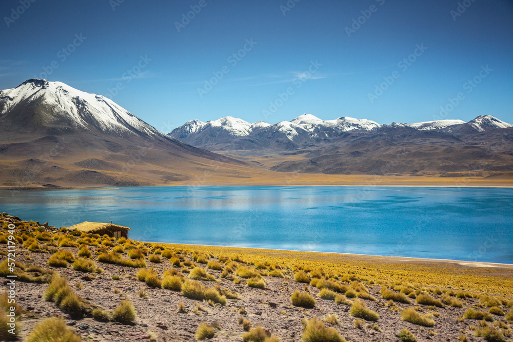Salt lake, turquoise Laguna Miscanti, volcanic landscape at sunrise, Atacama