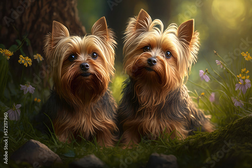 Two cute Yorkshire Terriers, yorkies, in the park 
