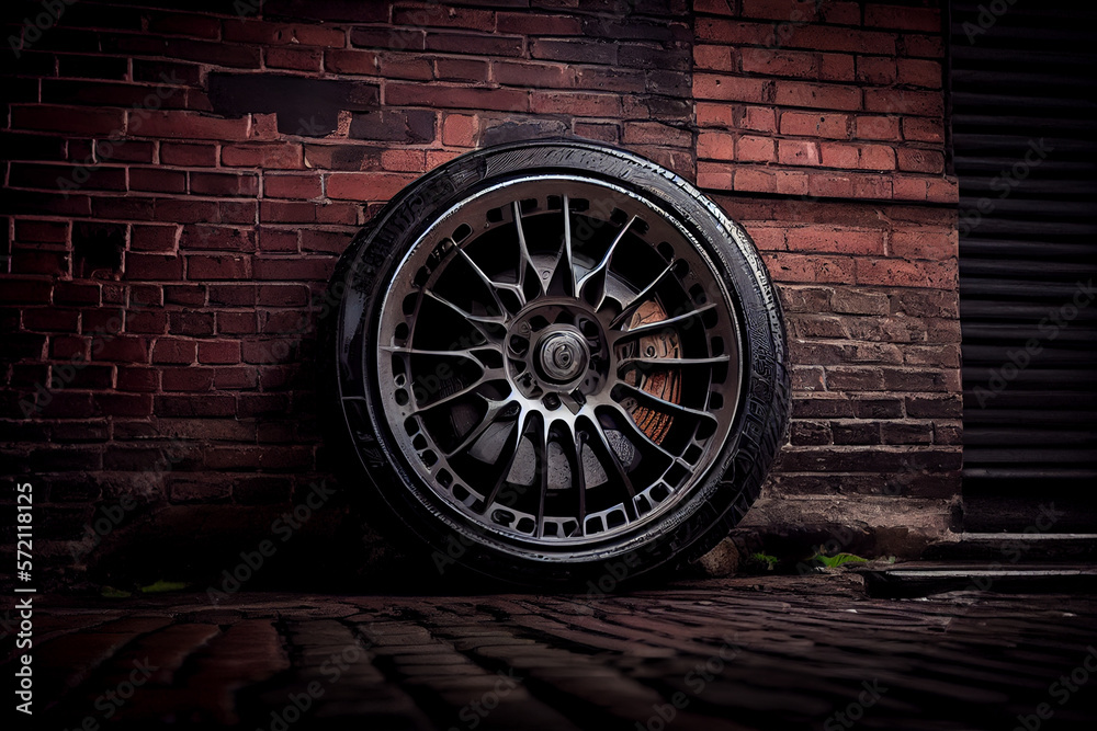 A wheel from a sports car against a brick wall background