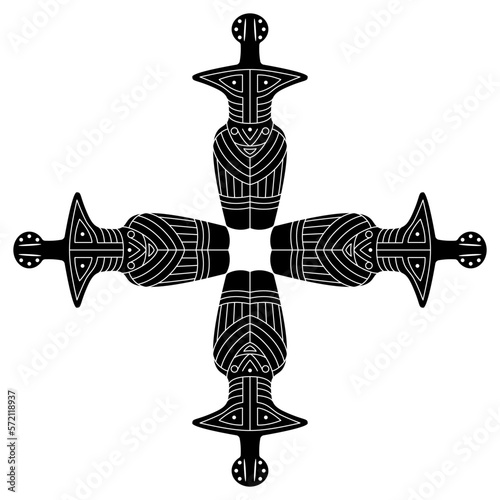 Rectangular cross with four Neolithic female figurines of a goddess with geometrical ornament on body. Pagan idol from Cucuteni, Romania. Trypillia or Tripolye culture. Black and white silhouette. photo