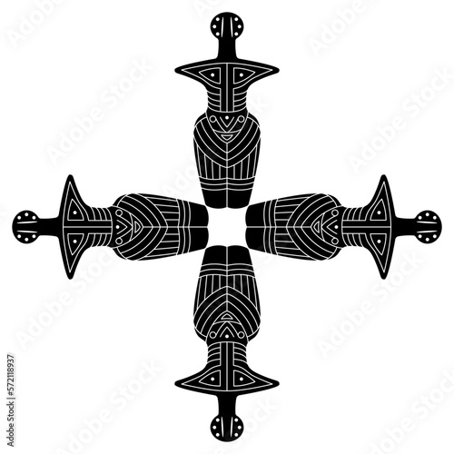 Rectangular cross with four Neolithic female figurines of a goddess with geometrical ornament on body. Pagan idol from Cucuteni, Romania. Trypillia or Tripolye culture. Black and white silhouette.