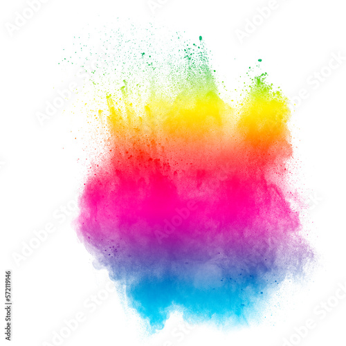 Explosion of colorful pigment powder on white background.Vibrant color dust particles textured background.