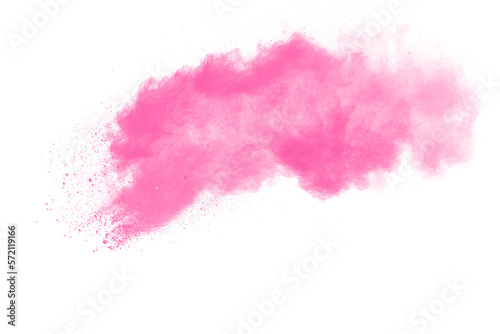 Pink dust particles splash on white background.Pink powder splash.