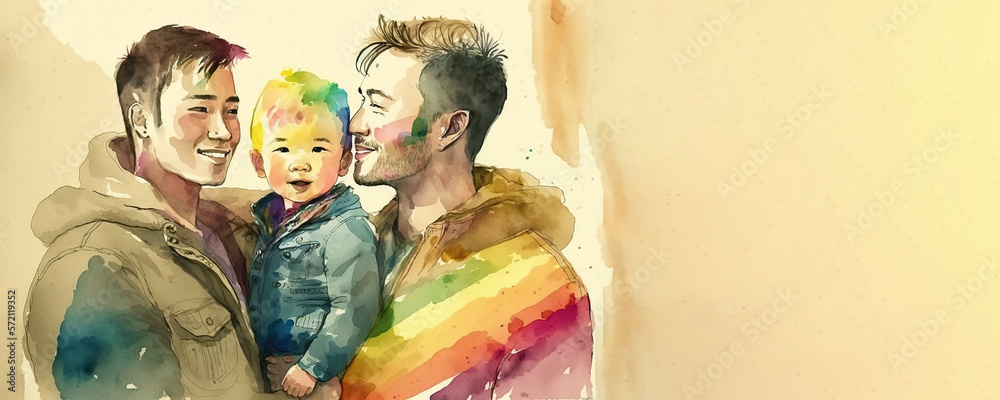 Watercolor illustration banner about LGBTQ celebration equal love on Valentine's day. Happy couples celebrating pride month with loveable kid and rainbow color palette. Space for Copy. Generative AI