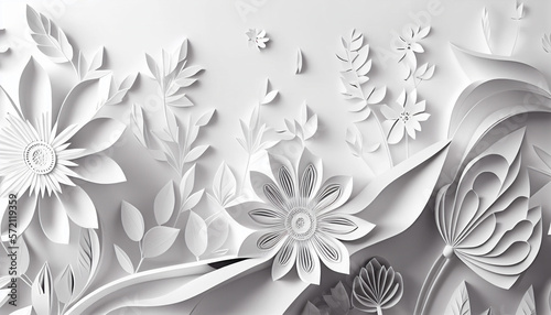 Papercut of white floral concept. Floral banner  poster  flyer template. Generative ai.